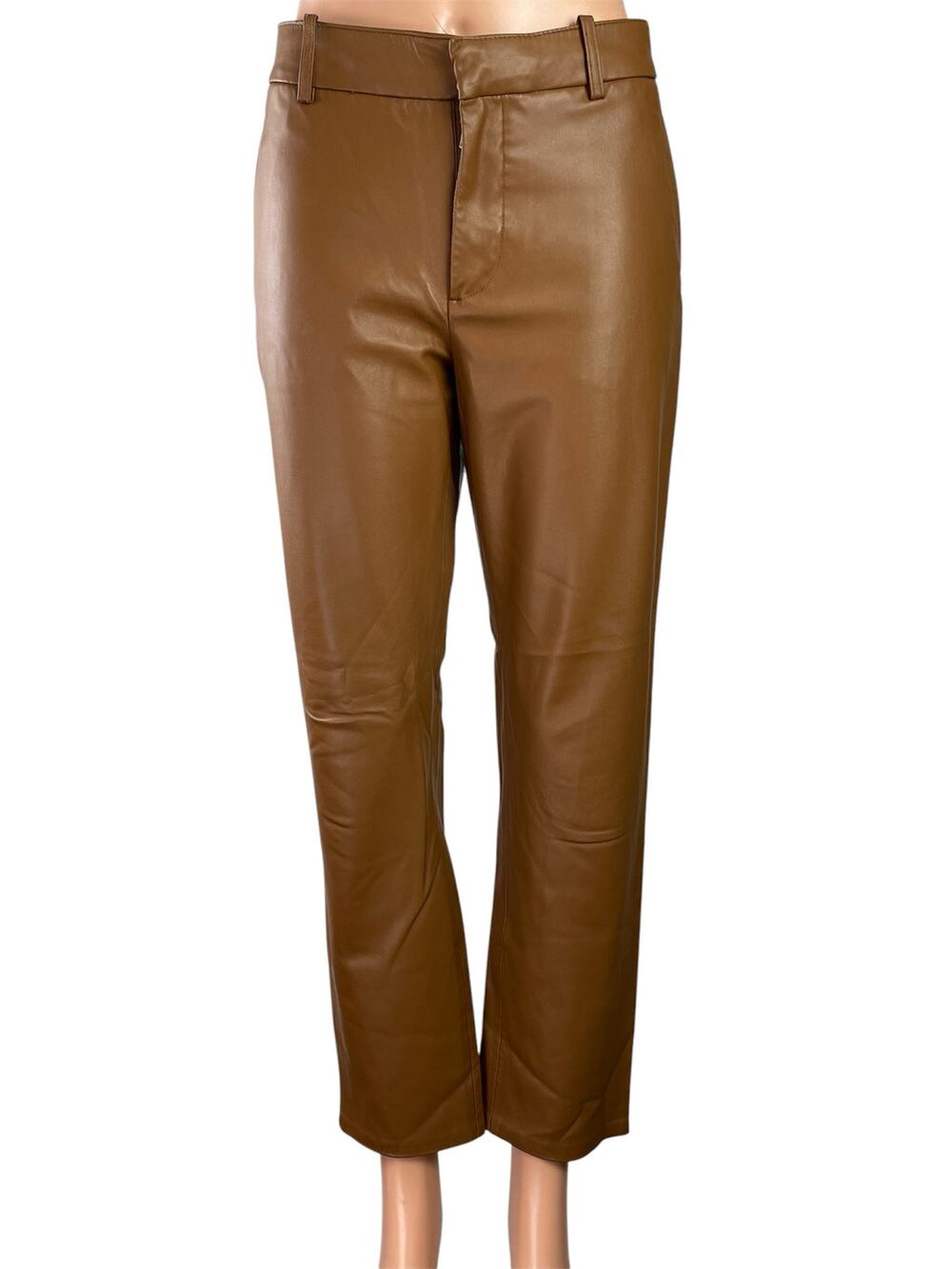 Zara Women's Brown Faux Leather Vegan Mid Rise Straight Trousers Pants Size 6